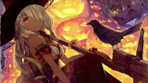It's soon going to be halloween! Halloween Anime Fan Art Jack O Lantern Pumpkin Crow Witch Hat Hd Wallpaper Wallpaperbetter