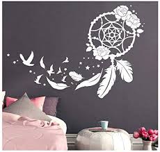 sticker mural dream catcher avec roses oiseauxet plumes blanc 55cm de hauteurx77cm de largeur stickers muraux tatouage mural decoration mur