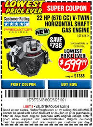 Harbor freight coupon predator generator verified. Harbor Freight Tools Coupon Database Free Coupons 25 Percent Off Coupons Toolbox Coupons Predator 22 Hp 670 Cc V Twin Horizontal Shaft Gas Engine