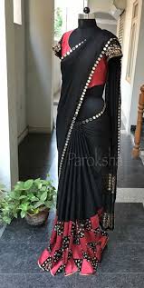 Black And Red Combination Designer Saree Black Saree With Red Accents And Mirrors Designer Saree Blouse Patterns Saree Models Indian Saree Blouses Designs