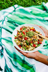 To make the couscous, tip boiling hot vegetable stock over the couscous and lemon zest in a heatproof bowl. Pesto Couscous Salad Emilie Eats
