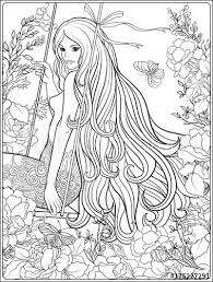 Young Beautiful Girl With Long Hair On Swing In Rose Garden Coloring Page Adobe Stock Long Hair Girl Garden Coloring Pages Young And Beautiful