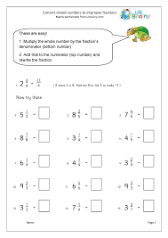 The quotient will be the whole number in the fraction, and the remainder will be the numerator in the mixed fraction. Convert Mixed Numbers To Improper Fractions Fraction And Decimal Worksheets For Year 5 Age 9 10 By Urbrainy Com