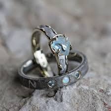 Gemstone Wedding Ring Set Rough Aquamarine Engagement Ring With Opal Wedding Band 3416 Meteorite Wedding Rings Gemstone Wedding Rings Wedding Rings Unique