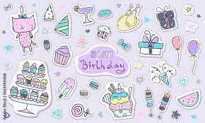 cute happy birthday sticker collection in doodle style hand drawn kawaii element in pastel color cute doodle clipart for scrapbook birthday pary card and print design stock vector adobe stock