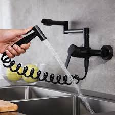 Deck mount pot filler matte black. Modern Retractable Wall Mounted Pot Filler Matte Black Kitchen Faucet With Spray