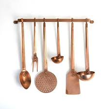 Vintage Copper Utensils On Wall Rack Hanging Kitchen Decor Includes Spoons Ladle Copper Kitchen Accessories Copper Kitchen Utensils Kitchen Utensil Decor
