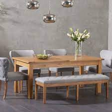 Somerset 180cm Oak Extending Dining Table With Isobel Chairs And Camille Grey Fabric Benches Solid Oak Dining Table Grey Dining Tables Oak Dining Table