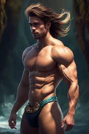 aimods: fantasy character of merman that have long hair in blonde with  upper body portrayed as a muscular human male with a graceful neck,  shoulders, arms, and hands. Their eyes large and