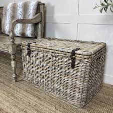 Low dark brown abaca madras utility basket. Extra Large Wicker Hamper Basket Lid Leather Straps Cowshed Interiors