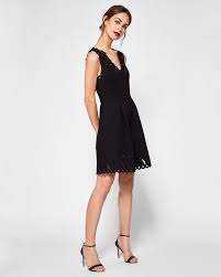 Ted Baker V Neck Embroidered Skater Dress Black Designer Outfits Woman Skirt Design Dresses