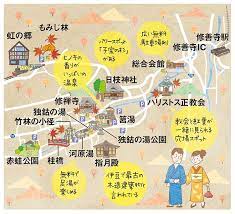 伊豆の修善寺温泉のイラストマップです 紅葉の名所や観光地をイラストで描きました イラストマップ 観光地図 伊豆