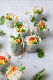 Mango Spring Rolls W Pickled Shallot Spicy Almond Butter Sauce Recipe Spicy Almonds Veggie Spring Rolls Spring Rolls