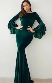 Modest Green Velvet Prom Dresses With Sleeves Unique Flare Sleeves Mermaid Party Dresses Prom Dresses With Sleeves Green Velvet Dress Evening Dresses Vintage