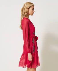 Organza e seta, georgette, tulle, velluto, taffetas. Georgette Dress With Embroidery Woman Fuchsia Twinset Milano
