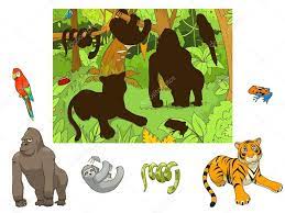 Ilustracion De Vector Educativo Juego Colorido Divertido Dibujado A Mano De Dibujos Anima Animales De La Selva Actividades Montessori Animales Dibujos Animados