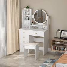 Ponticus 7 drawer vanity set with mirror. Latitude Run Vanity Set With Round Mirror Makeup Vanity Dressing Table With 5 Drawers Shelves Dresser Desk And Cushioned Stool Set Wayfair