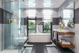 Der morgen beginnt mit einer erfüllten duschkabine und endet mit einem entspannten bad in der. Modernes Badezimmer In Weiss Und Schwarz Mit Dusche Badewanne Fototapete Fototapeten 3d Niemand Blank Myloview De