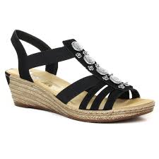 Des mules à talon confortables ! Rieker 624b4 00 Noir Sandale Compensees Noir Printemps Ete Chez Trois Par 3