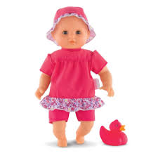 Skin tone, eye color, hair color / type: Corolle Bebe Bath Coralie 100130