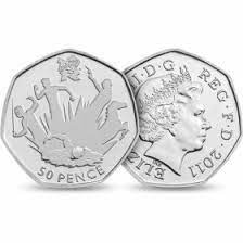 A rowing boat accompanied by a number of words associated with the olympic movement, with the london 2012 logo above and the denomination, 50 pence, below. Modern Pentathlon 50p Coin Based On Olympic Sports Design By Daniel Brittain Mintage 1689500 In 2011
