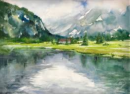 Abstract winter landscape, original watercolor painting, abstract nature painting, trees painting, landscape abstract art on blue and orange #winterlandscape #loosestylepainting #watercolourart #winternature #abstractart #originalpainting #watercolorpainting #originalwatercolor. Summer Landscape With Mountain Lake Painted With Watercolor Stock Photo Picture And Royalty Free Image Image 52127209