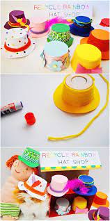 Recycled Rainbow Yogurt Hat Shop For Pretend Play Recycled Crafts Kids Easy Crafts For Kids Crafts For Kids