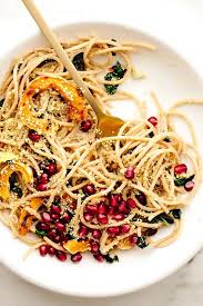 Vegan Spaghetti Aglio E Olio With Delicata Squash Kale Pomegranate Recipe Vegan Spaghetti Delicata Squash Spiralizer Recipes