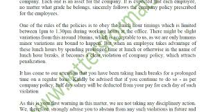 The length of lunch periods may vary from department to department. Excessive Prolonged Lunch Breaks Warning Letter To Employee
