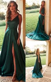 A Line V Neck Satin Long Prom Dress With Split Dark Green Evening Dress Green Formal Dresses Green Evening Dress Military Ball Dresses