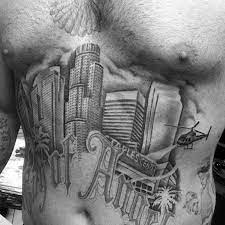 This tattoo is a combination of the america and southern flags. 30 Los Angeles Skyline Tattoo Designs Fur Manner Southern California Ink Ideen Mann Stil Tattoo Skyline Tattoo City Tattoo Building Tattoo