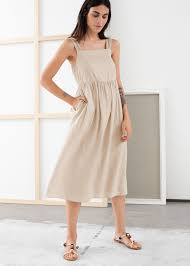 Gathered Linen Midi Dress Midi Dress Dresses Beige Midi Dress
