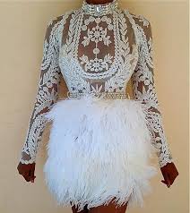 Custom White Embroidery Lace Sheer Tunic Full Ostrich Feather Skirt Dress Feather Cocktail Dress Black Girl Prom Dresses Fashion