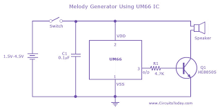 It uses the um66 ic popularly known as the melody ic which has a built in oscillator and an amplifier which can directly drive a buzzer but needs an external circuit to drive a speaker. Melody Generator Using Ic Um66