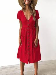 6 Colors V Neck Button Pocket Patched Short Sleeves Midi Dress Midi Short Sleeve Dress Casual Summer Dresses Fashion