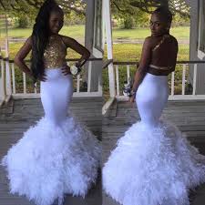 From glimmering metallics to soft hues, there are long formal gold dresses and short gold dresses here for any event, budget, or style. Sexy Backless Mermaid White Gold Prom Dresses Long Beading Sequins Top Black Girls Prom Party Gown With Feather Train Prom Dresses Aliexpress