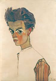 Self-Portrait with Striped Shirt (1910) by Egon Schiele Painting