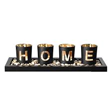 Wooden candle lanterns are a beautiful statement for patios and decks our candle holders come in a variety of woods such as mango, teak and acacia. Candle Holder Set Includes Ornamental Earth Stones Black Wood Tray And 4 Glass Cups Featuring Home Wording Decorative Holiday Gift For Your Loved One Universal Safety Products