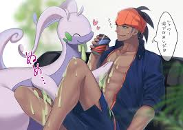 suzuka nene, goodra, raihan (pokemon), creatures (company), game freak,  nintendo, pokemon, pokemon swsh, orange headwear, commentary request,  translation request, 1boy, black hair, blue shorts, can, collared shirt,  dark-skinned male, dark skin, earrings,