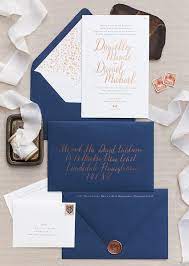 Copper Foil And Navy Calligraphy Wedding Invitations Navy Wedding Invitations Wedding Invitation Trends Wedding Invitations Diy