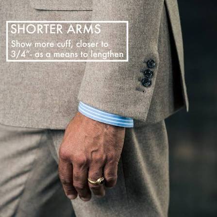 The AoS Guide to Sleeve Length. As a general rule, we aim for 1/2” of shirt cuffs showing under our jacket sleeves. Visually the cuffs at the wrist are an important part