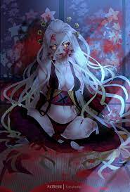 bare shoulders blood blood on face breasts cleavage closed mouth  daki (kimetsu no yaiba) demon girl demon slayer detached sleeves female  floral print gluteal fold hair ornament hair slicked