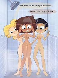 3girls amphibia anne boonchuy bathing black hair blonde hair  breast grab breasts brown hair commentary dark hair dark skin dialogue  disney disney channel female female only grabbing ass grabbing