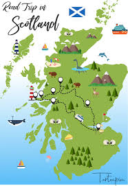 Restaurants, bars, café, hôtels, banques. Carte Ecosse Road Trip Tartan Pion