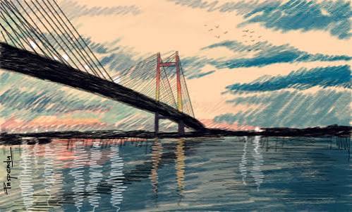 Buy Kolkata Hooghly Bridge 1 - Impressionist Urban Landscape Painting Online | Fizdi