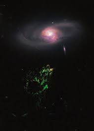Resultado de imagen de Hanny’s Voorwerp (en holandés), que tiene el tamaño de la Vía Láctea, el Hubble ha descubierto delicados filamentos de gas y un grupo de cúmulos de jóvenes estrellas. El color verde de la nube se debe al oxígeno ionizado.