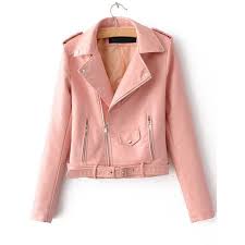 Shein Sheinside Pink Faux Leather Belted Moto Jacket With Zipper 34 Liked On Polyvore Fe Leather Jackets Women Leather Jacket Women Fashion Basic Jackets
