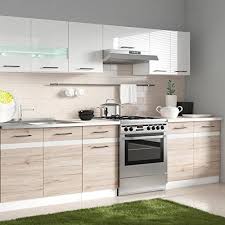 Junona Cuisine Complete Avec Led Et Plans De Travail L 2m40 Blanc Brillant Et Decor Chene San Remo Clair Cuisine Complete Meuble Sous Evier Meuble Cuisine