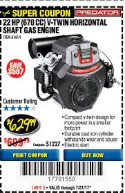 The powerful gas engine features a durable cast iron cylinder making it the perfect replacement. Harbor Freight Tools Coupon Database Free Coupons 25 Percent Off Coupons Toolbox Coupons Predator 22 Hp 670 Cc V Twin Horizontal Shaft Gas Engine