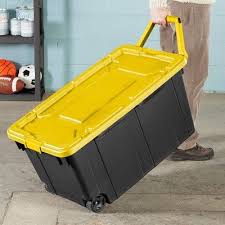 Black And Yellow Storage Bins With Wheels Sterilite 40gal Wheeled Industrial Tote With Gray Lid Red Latches And Handles In 2020 Storage Containers With Wheels Sterilite Clear Plastic Storage Containers
